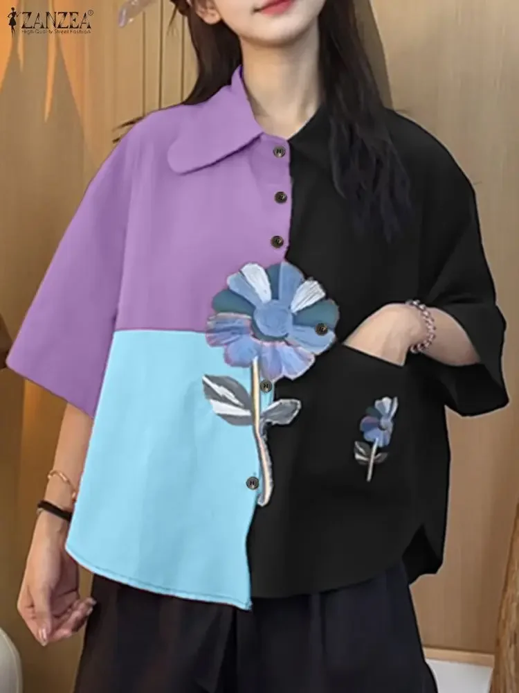 Women Tops ZANZEA Vintage Floral Print Shirt 2025 Summer Short Sleeve Pockets Elegant Blouse Fashion Buttons Office Work Blusas view 3