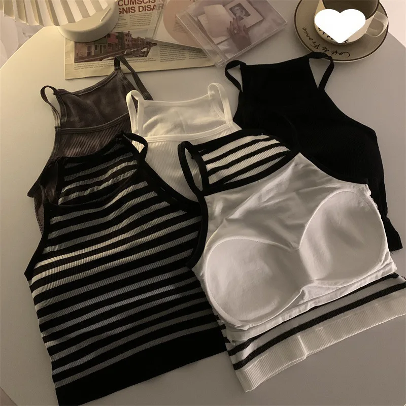 Korean Version Women Tank Tops Thread Solid Casual Fashion Crop Top with Chest Pad Stripe Sleeveless Outer Wear Basic Camisole