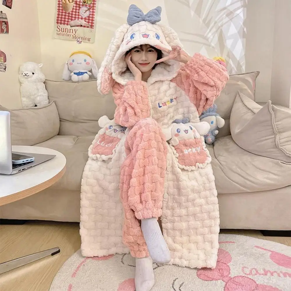 Sanrioed Cinnamoroll Kuromi Women's Nightgown Suit Anime Thickened Warm Coral Velvet Pajamas Autumn Winter Plus Fleece Homewear