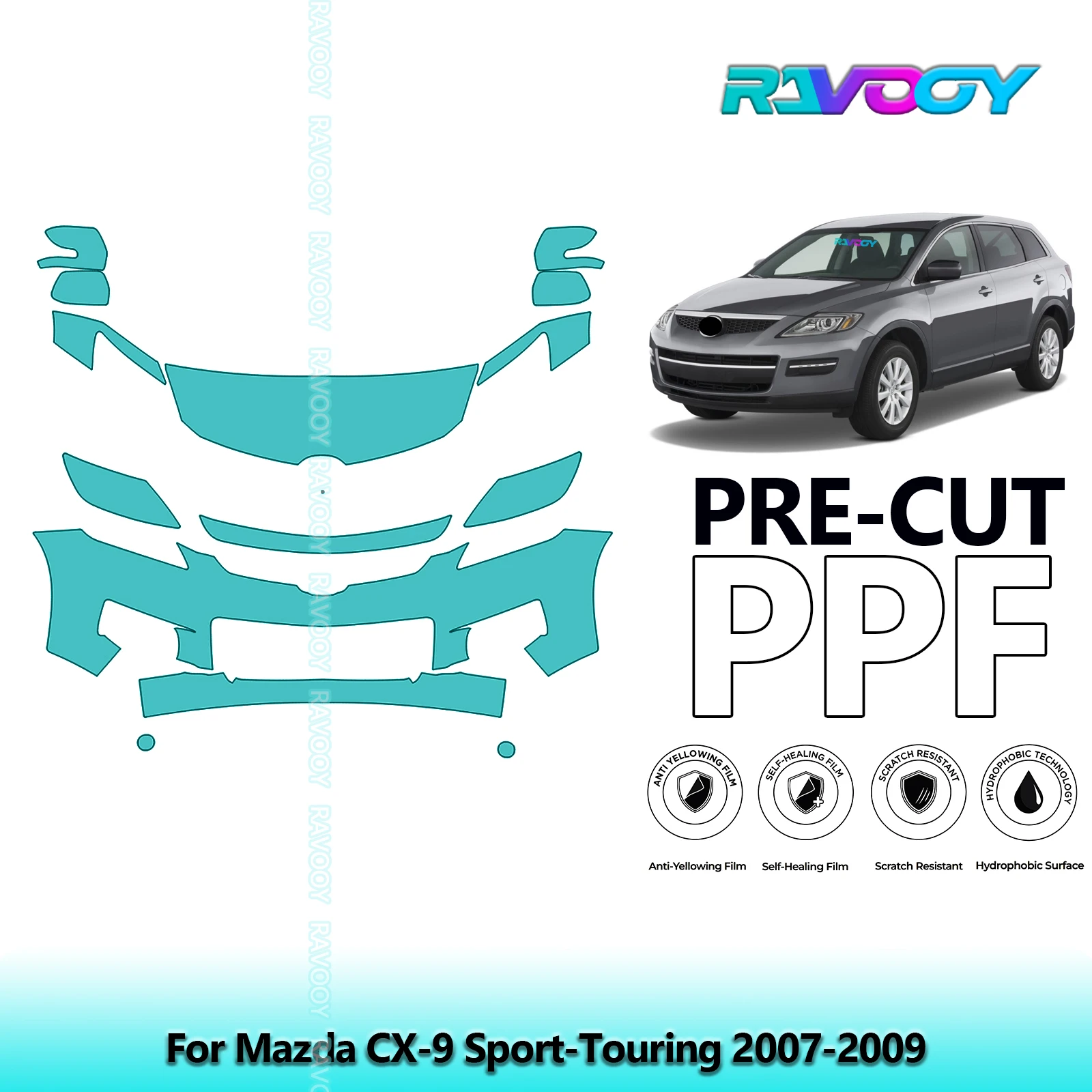 For Mazda CX-9 Sport-Touring 2007-2009 Partial Front 8.5Mil Pre-Cut Paint Protection Film PPF Stone Chip Kit | Clear/Matte/Black