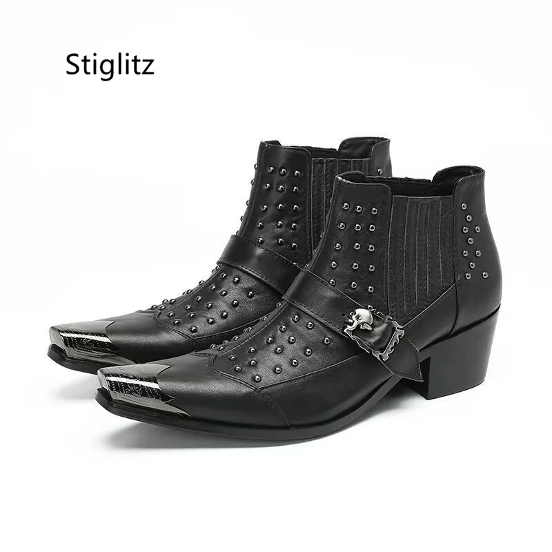 

Men's Belt Buckle Rivet Slip On Ankle Boots with Heels Metal Toe Genuine Leather Boots for Men Business Dress Wedding Shoes