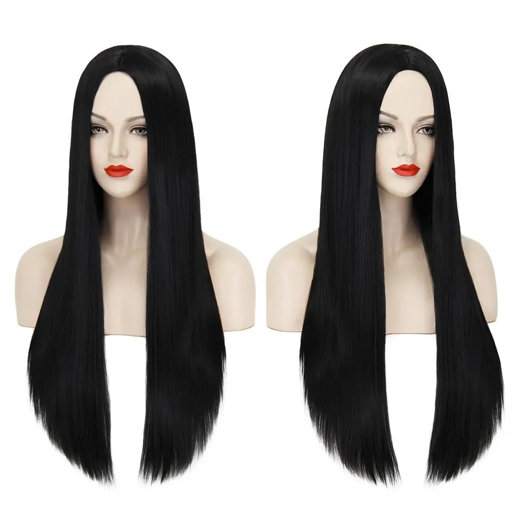 Synthetische Perücken Lange Schwarze Perücke für Morticia Addams Kostüm, Cher Kostüm Halloween Perücke für 70er Jahre Party Hexenkostüm Perücke für Frauen – Detail 6