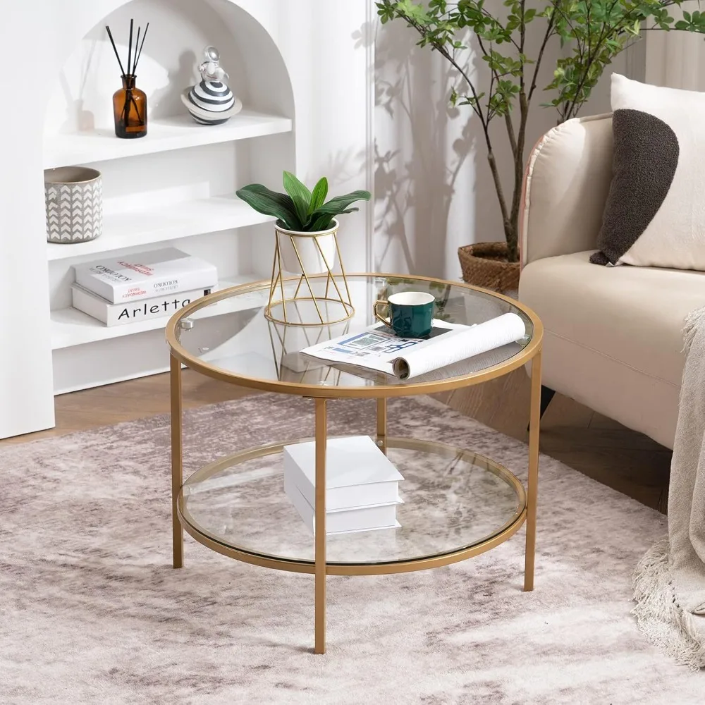 Round Gold Living Room Coffee Table with Storage Compartment Transparent Coffee, Simple Modern Medium Table for Small Spaces