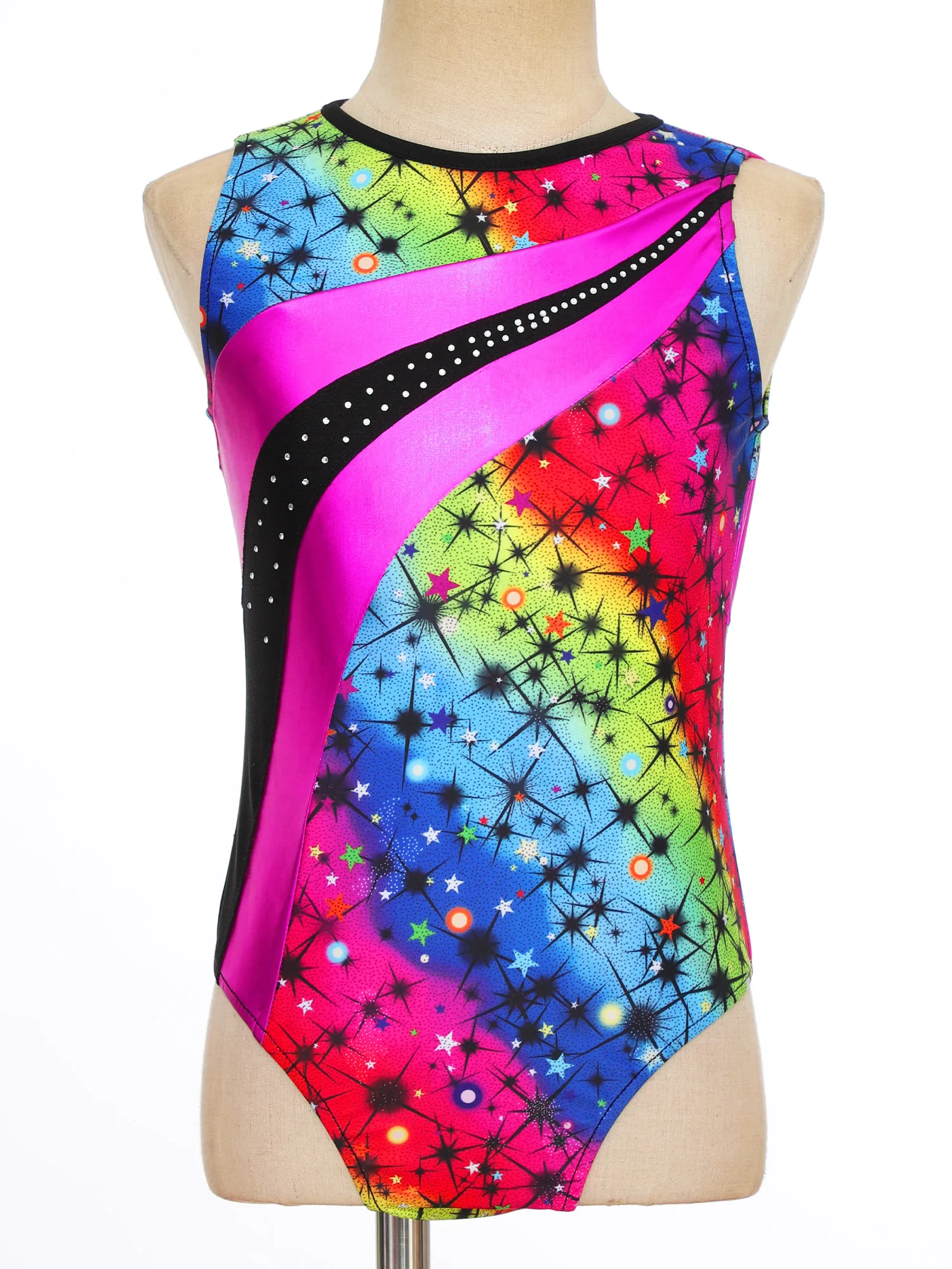 Kids Girls Sport Dance Leotard Sleeveless Keyhole Back Print Patchwork Athletic Bodysuit Teens Yoga Skating Gymnastics Jumpsuit