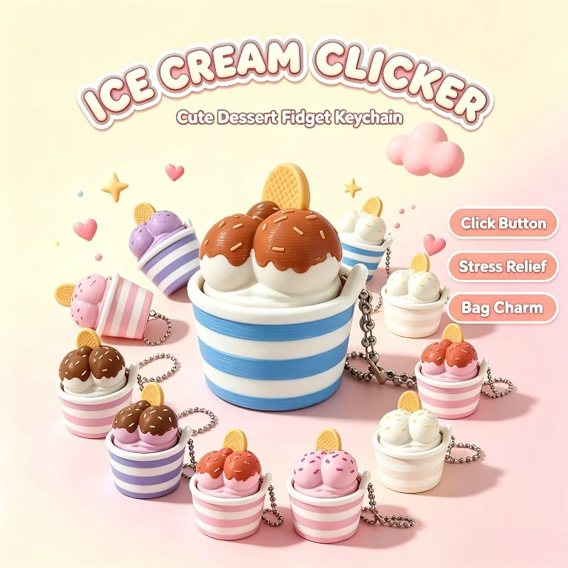 Ice Cream Cup Clicker Keychain 3D Printed Cute Dessert Fidget Toy Stress Relief Keycap Ornament