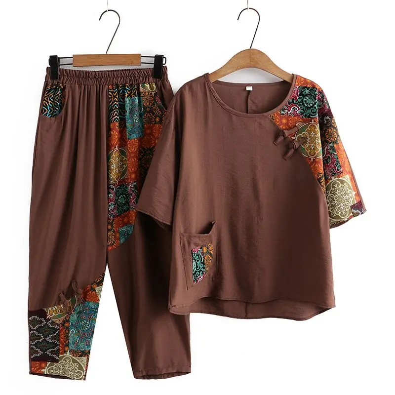 Ademende linnen zomerset voor dames Top en broek met korte mouwen Outfit Comfortabele katoenmix Loungekleding voor moeder oma