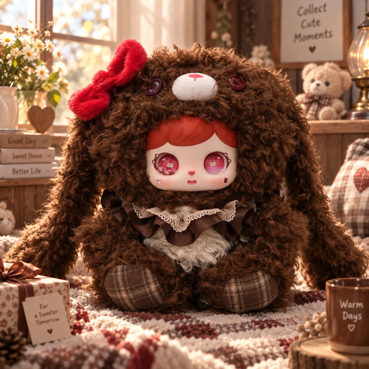 TLIT Sweet Bunny Wonderland Brown Kawaii Bunny Plush Doll Soft Stuffed Animal Ribbon Collectible Toy For Room Decor Holiday Gift