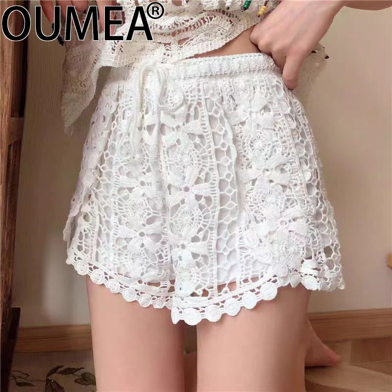 OUMEA Women Cotton Crochet Chic Shorts Elastic Waist Summer Floarl Hot Casual Beach Retro Knitting Short