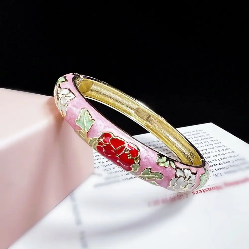 

Enamel Chinese Cloisonne Bracelet Traditional Chinese Peony Filigree Flower Bangle Vintage Double Bangle Women's Hand Bracelet