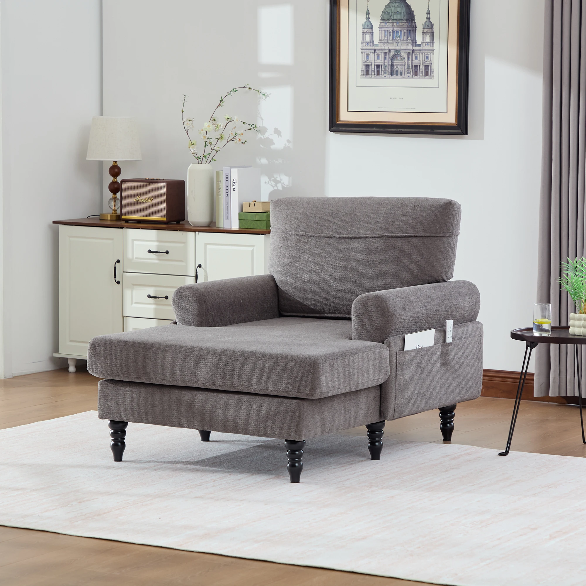 Moderner minimalistischer Samt-Loungesessel, Schlafzimmer-Einzelsofa mit Holzbeinen, bequemer Rückenlehne und Armlehnen – Detail 12