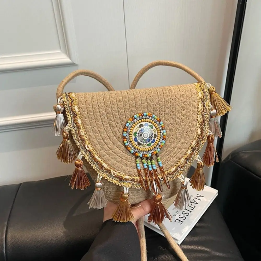

Casual Vintage Ethnic Style Crossbody Bags Leisure Woven Fringe Shoulder Bag Geometric Large Capacity Bohemian Tassel Bag Beach