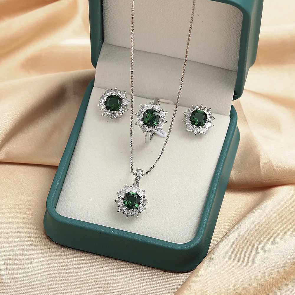 Square Green Simulated Nano Emerald 925 Sterling Silver  Ring+Necklace+Earring Halo Gemstone Flower Jewelry Set for Women Gift