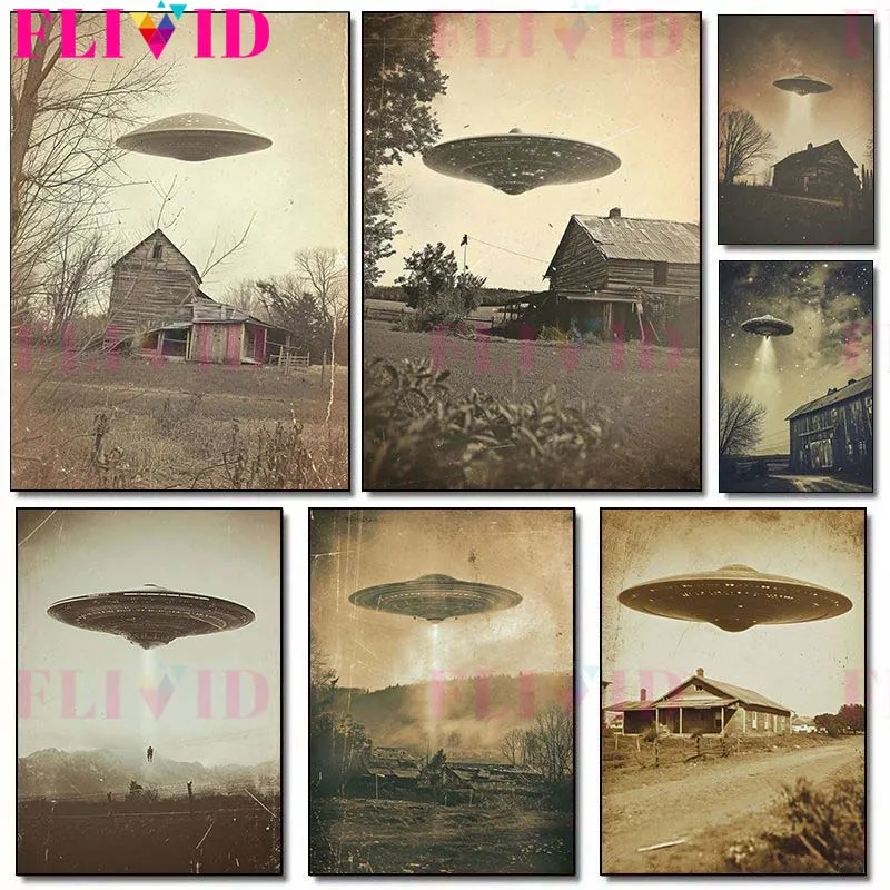 

Vintage Flying Saucer UFO Alien Space Art Posters and Prints Canvas Printing Wall Picture For Living Room Home Decor Gifts