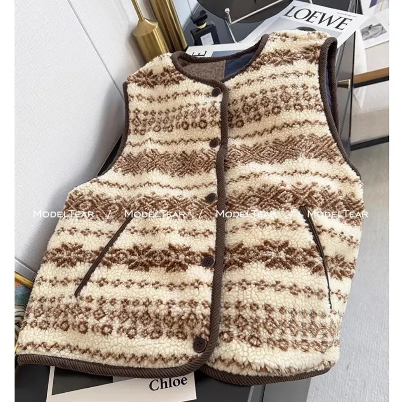 

Женские куртки, женский жилет, новый модный кардиган, жилет из овечьей шерсти с двусторонней строчкой, осенне-зимний нишевый дизайн, жилет, пальто