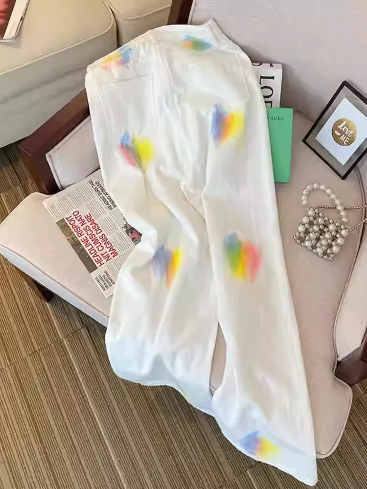 Color Tie-dye Women's Jeans Spring Autumn New American Style High Street High Waist Trousers Sweet Cool Straight Leg Pants