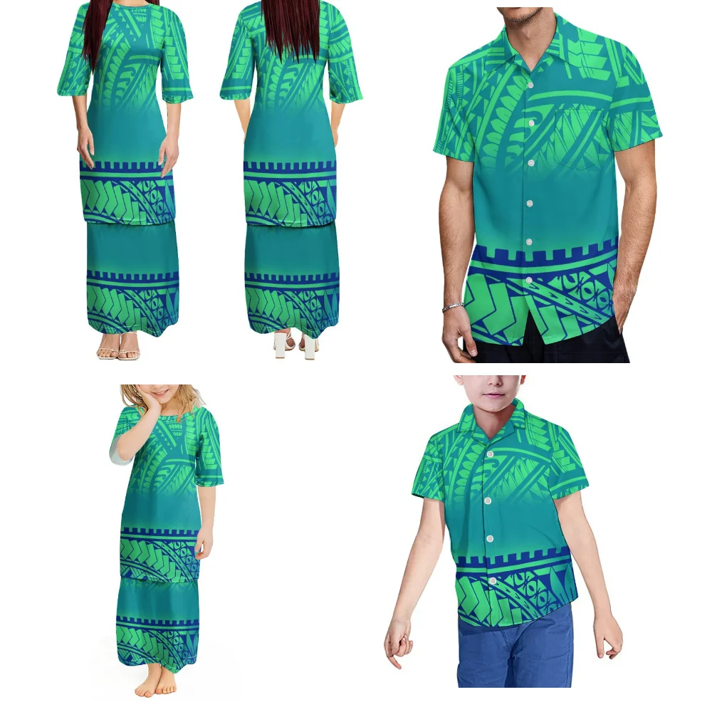 Samoa Formal Occasion Home Party Set Women'S Dress Puletasi Set Temperament Long Skirt And Men'S Aloha Shirt Children'S Clothing