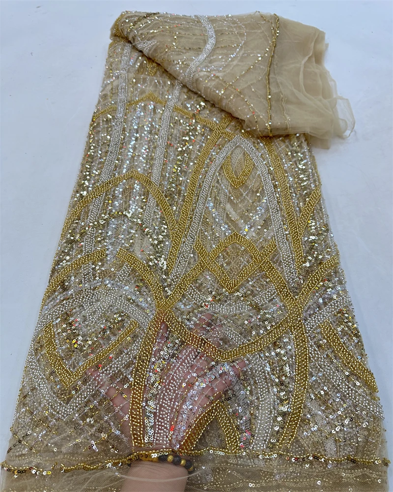 

African Handmade Beaded Lace Fabric High Quality Nigerian Embroidery Sequins Women's Wedding Dress Material