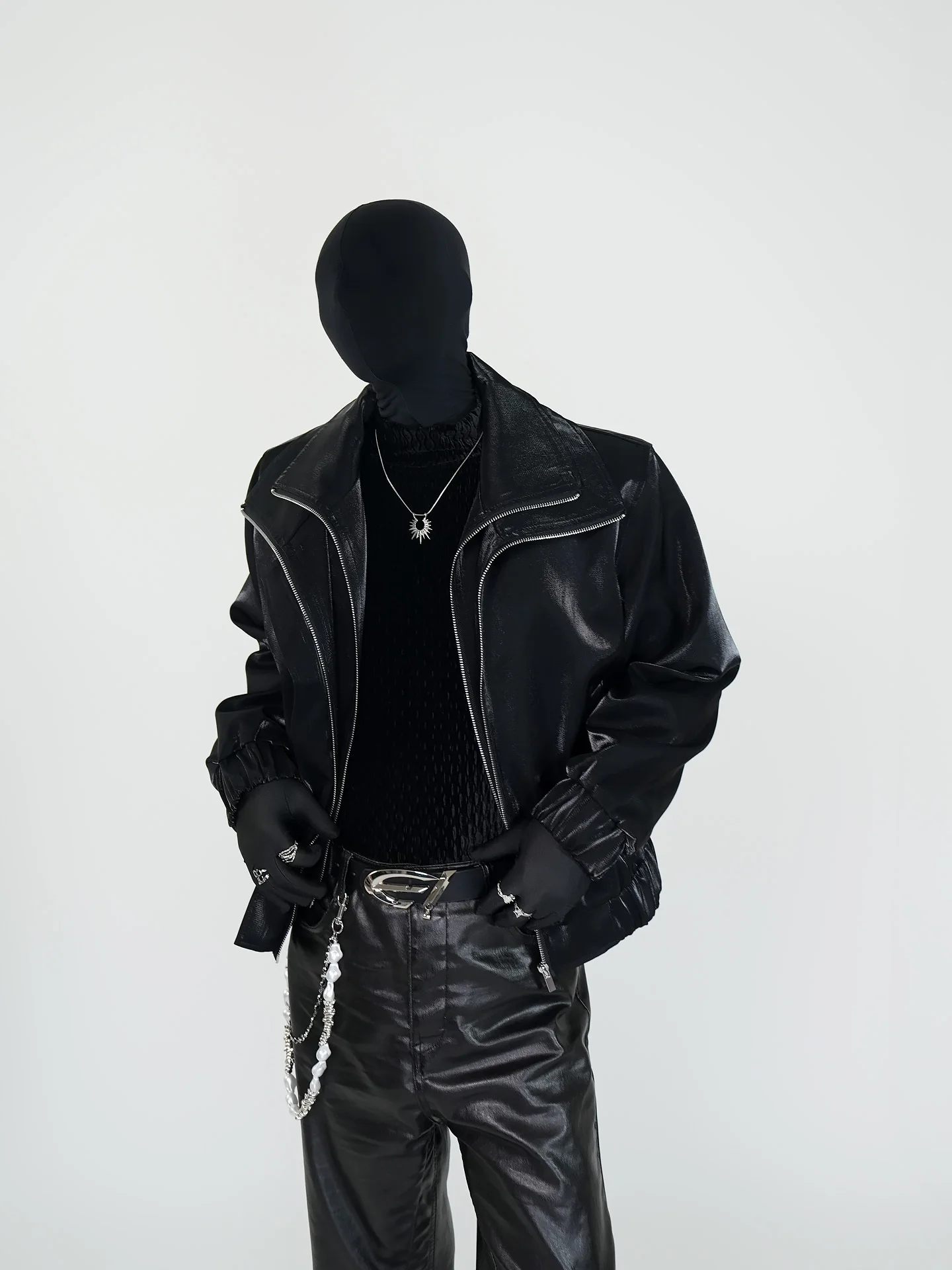 VE2 Liquid Glossy Shoulder Pad Jacket Double Layer High Collar Shape Outerwear Advanced Feeling Youth Popular Polyester Fiber