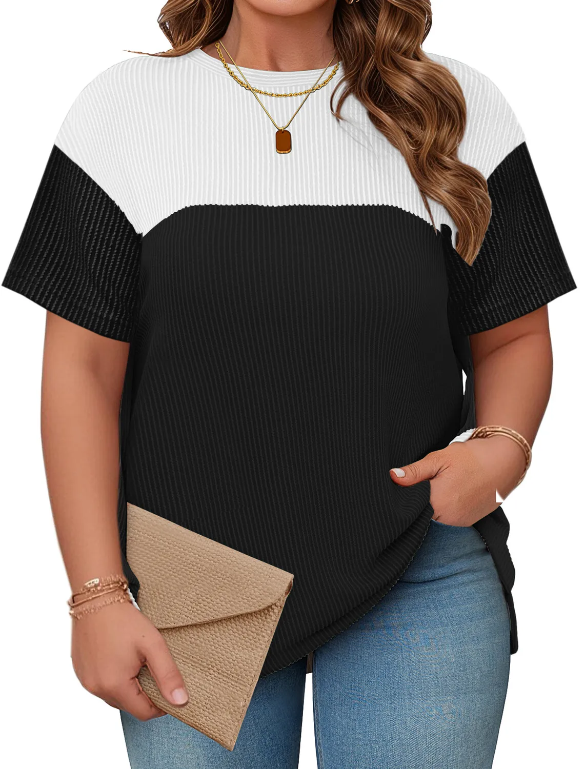 

Women's Plus Size Patchwork T shirt Short Sleeve Striped Round Neck Casual Basic Knitted Summer Blouse Tops 2025
