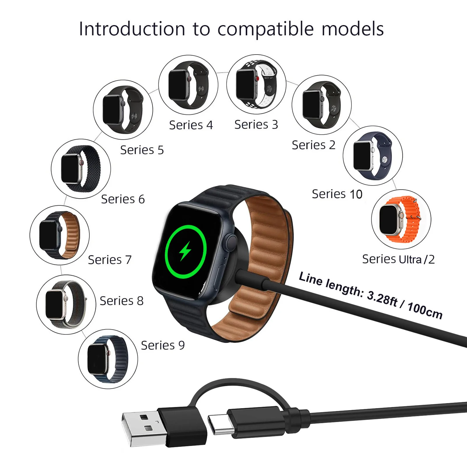 Watch Charger for Apple watch Ultra 2/10/9/8/7/6/5/4 USB Type C portable Wireless Charging Cable Dock