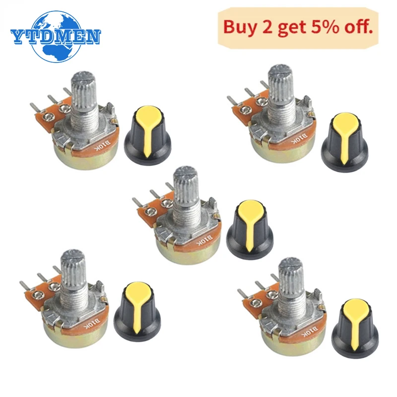 5 Set WH148 Potentiometer 1K 10K 20K 50K 100K 250K 500K 15MM 3Pin Linear Taper Rotary Potentiometer Resistor with AG2 Yellow Cap