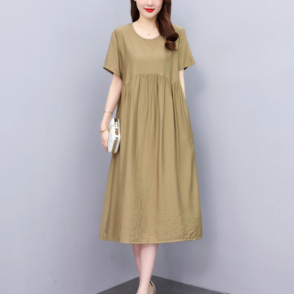 New Casual Fashion Summer Dresses For Women 2023 Vintage Elegant Short Sleeve Solid Women Dress O-Neck Dresses