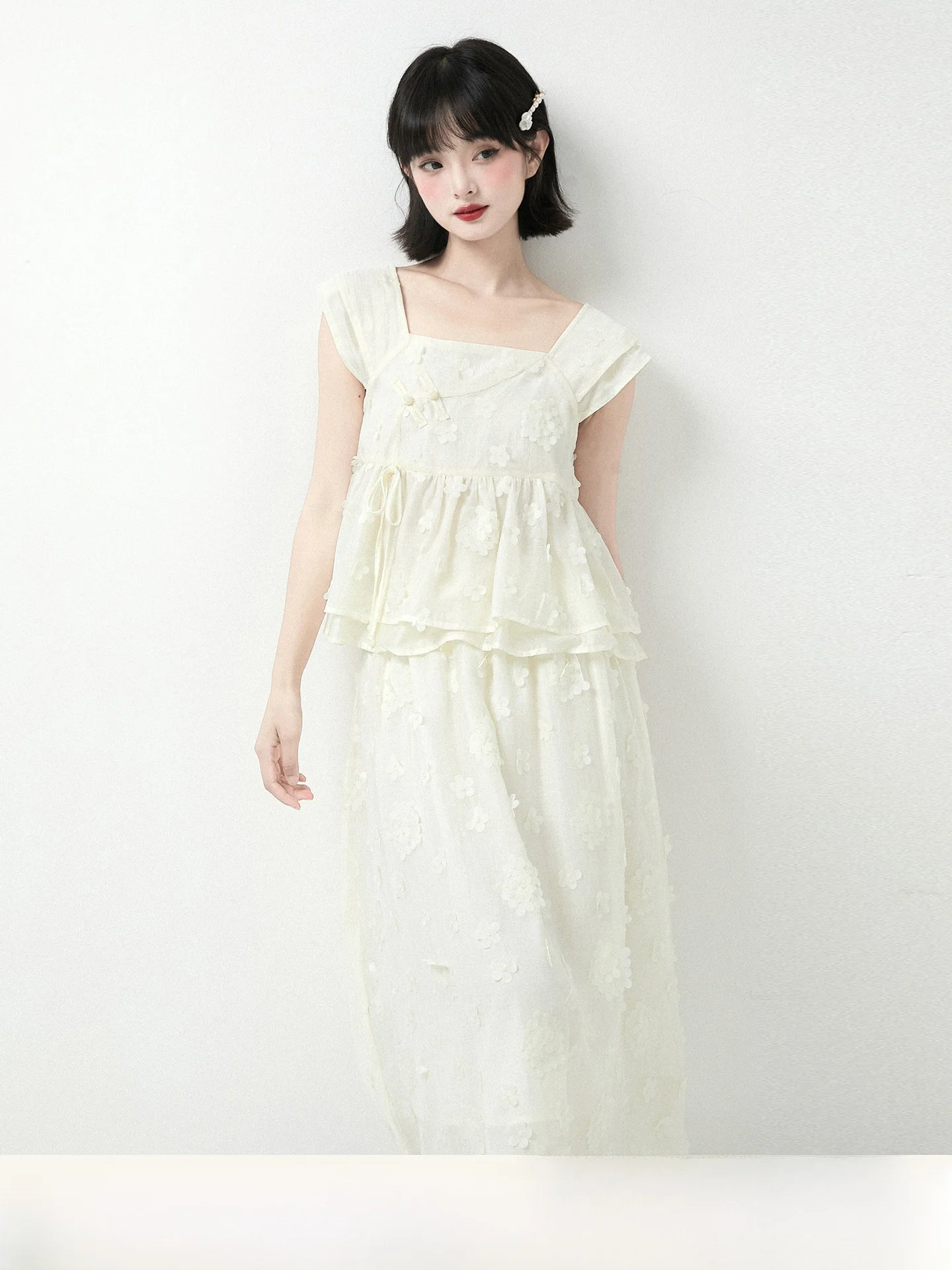 

New Chinese Sle Semi-Body Skirt Set with Silk Blend Loose Fit Embroidered Knots 3D Flowers Women's Summer irt