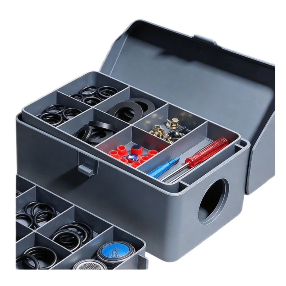 3 Layer ABS Storage Case for Kitchen Bathroom Repairs with Multiple Nozzle Adapters Wrenches Screwdrivers and Seal Rings Black