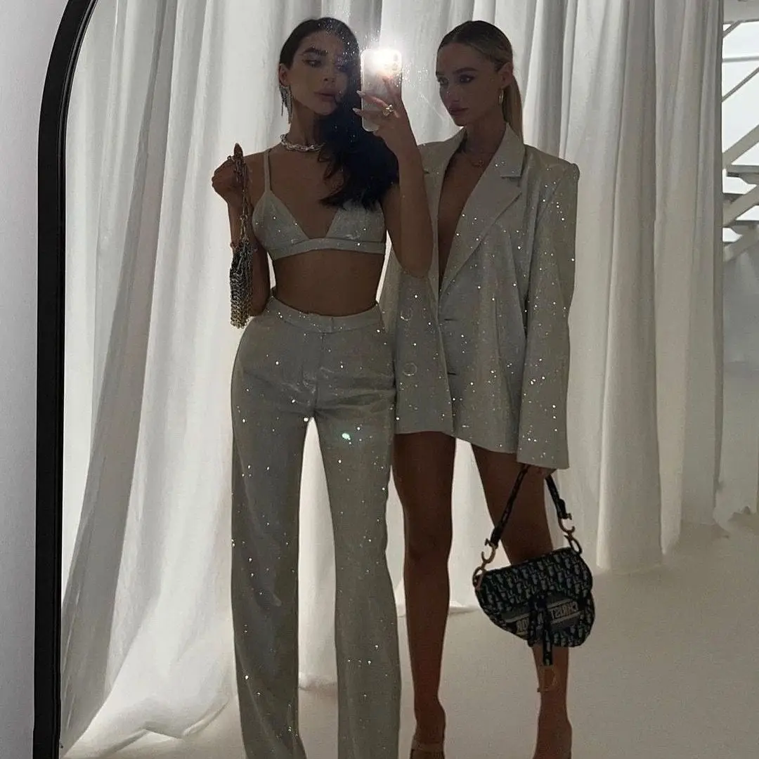 European And American Style Sequin Suit Jacket Set, Women's Spring And Autumn Underwear Straight Leg Pants Sexy Three Piece Set