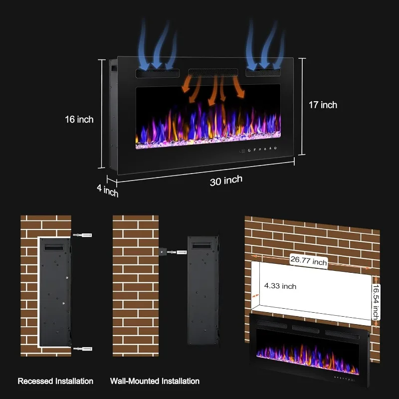 Электрический камин BETELNUT, 30 дюймов, настенный и встраиваемый с дистанционным управлением, ультратонкий настенный каминный обогреватель 750/1500 Вт с таймером