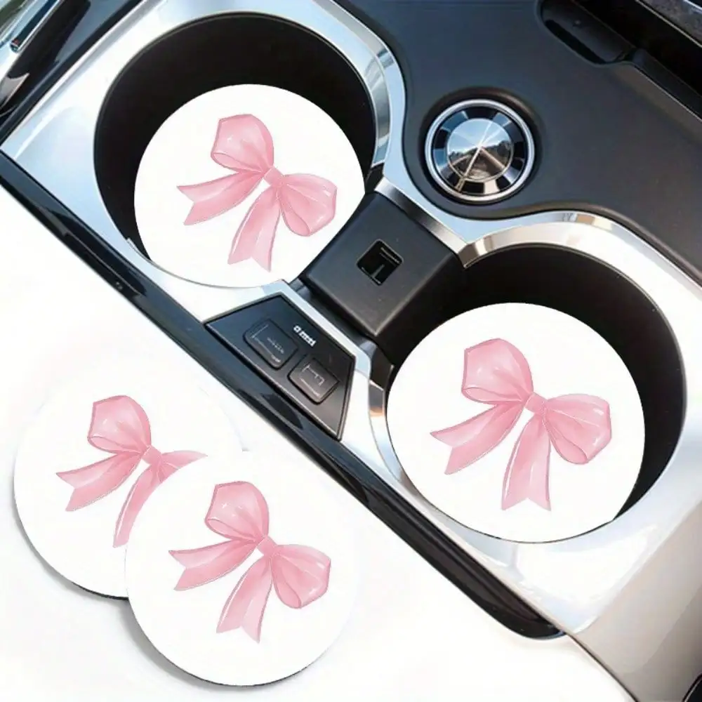 Set of 2 Pink Bow Design Cup Holders for Vehicles, Featuring Water-Absorbing Coasters, Non-Slip Interior Additions, Compatible w