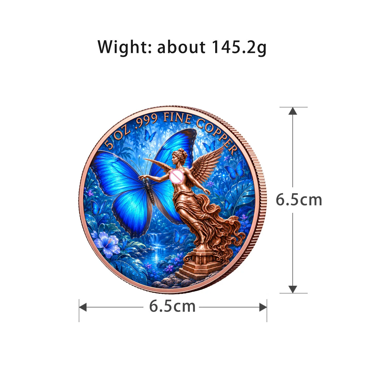 5oz .999 Fine Copper Round Angel Independence Blue Morpho Butterfly Mexico Eagle Serpent Floral Colorized Art Desk Decor Gift
