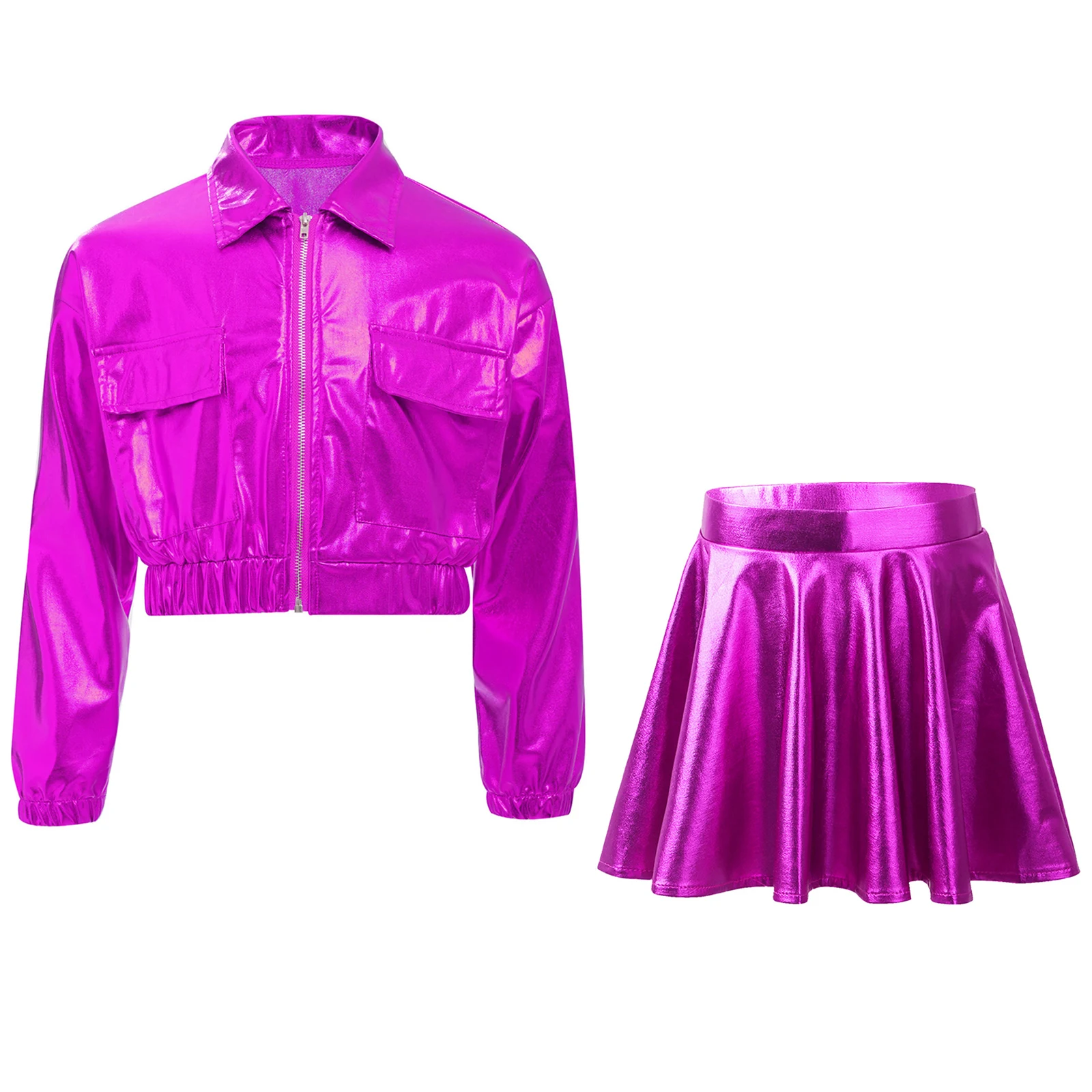 Children Girls Hip Hop Jazz Dance Costume Long Sleeve Zipper Metallic Shiny Jacket with Culottes Cheerleading Performance Outfit