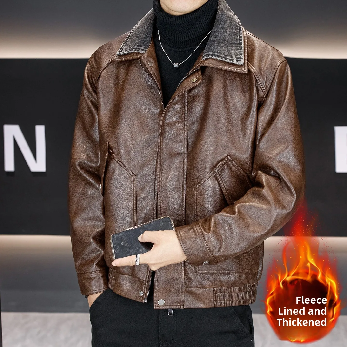 

Men's Biker Punk Sle Fce Lined Patchwork Collar Thiened Leather Jaet Autumn Winter Warm Windproof Faion Urban Sle