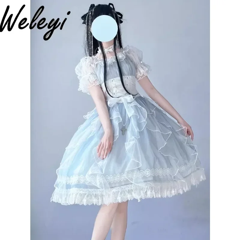 

Women's Sweet Lolita Dresses 2024 Summer New Waist Strap Ruffles Lantern Short Sleeved Rojita Fairy Mid Length Elegant Sukienki