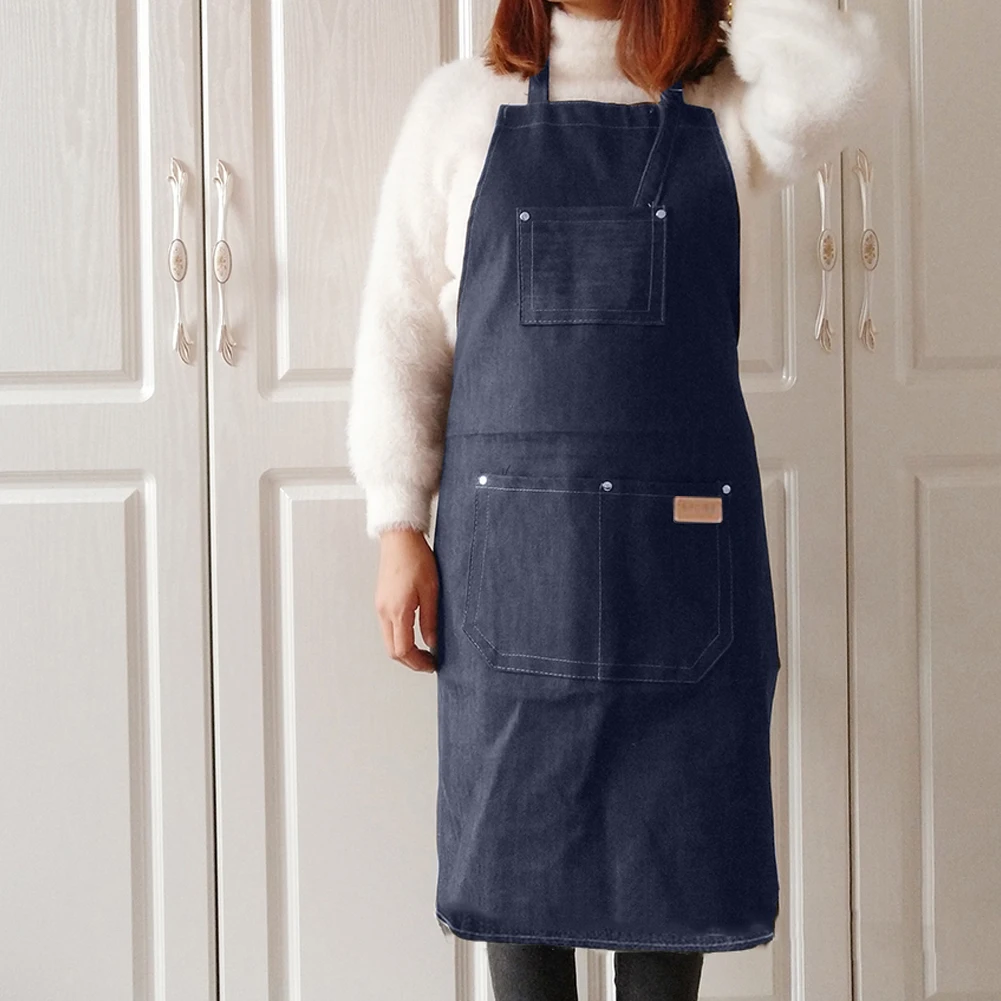 Adjustable Neckband Waistline Denim Apron Convenient Front Pocket Foldable Soft Wear-resistant Overalls For Home Kitchen Garden