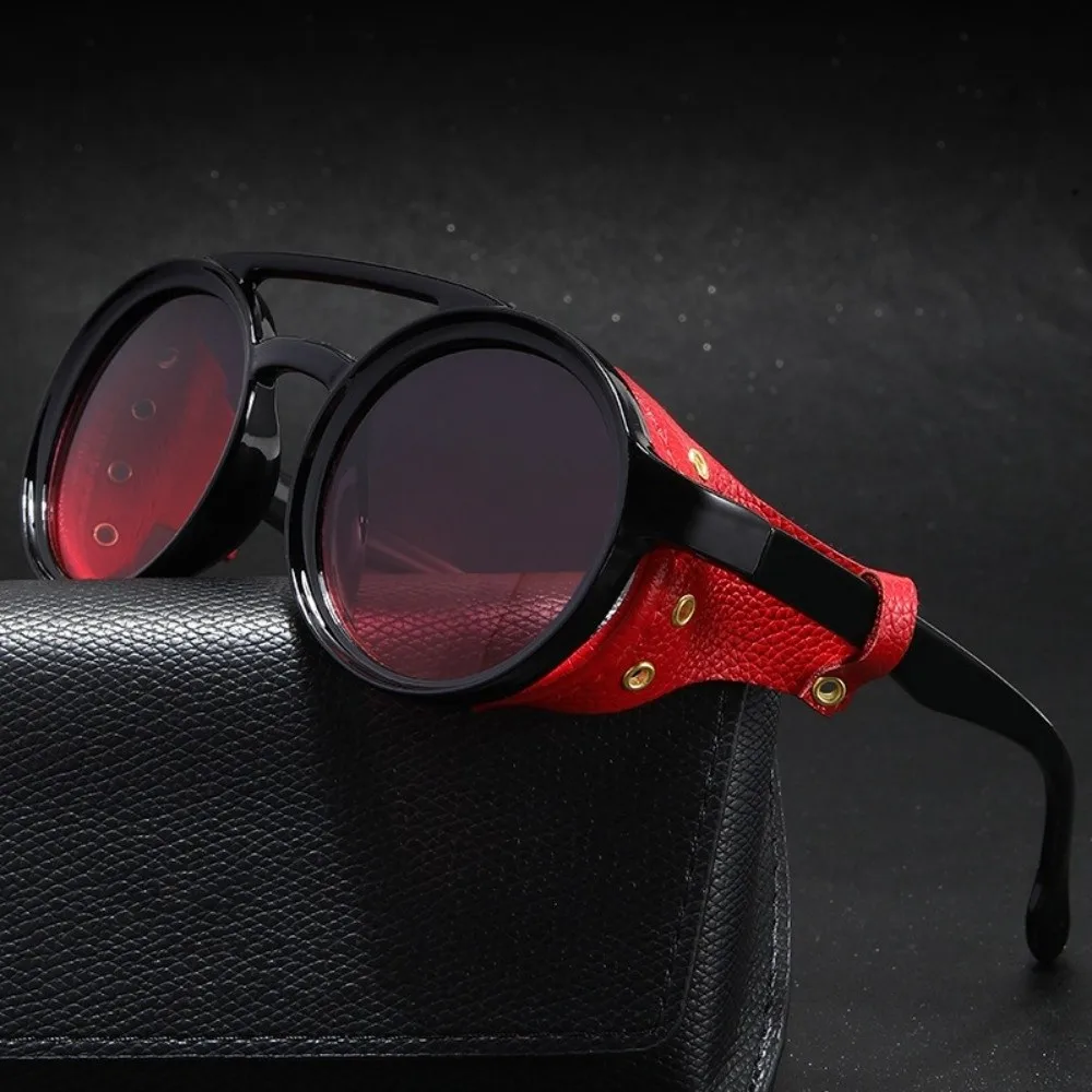 Leather Side Retro Round Glasses Polarizing Night Vision Circular Frame Steampunk Sunglasses Lightweight Anti Wind
