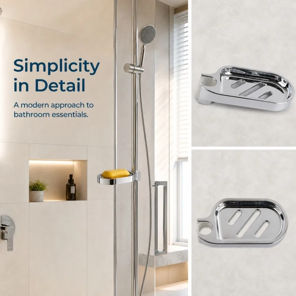 D9 Practical Gadget ABS Soap Dish Silver Clip-on Design Shower Rod Soap Dish Adjustable Practical Soap Tray Bathroom Organizer