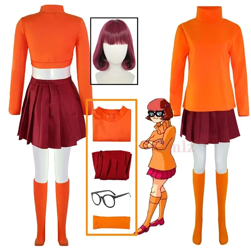 Velma Cosplay Uniform Anime Woman Orange Top Skirt Socks Halloween Costume Set Girls Velma Wig Q