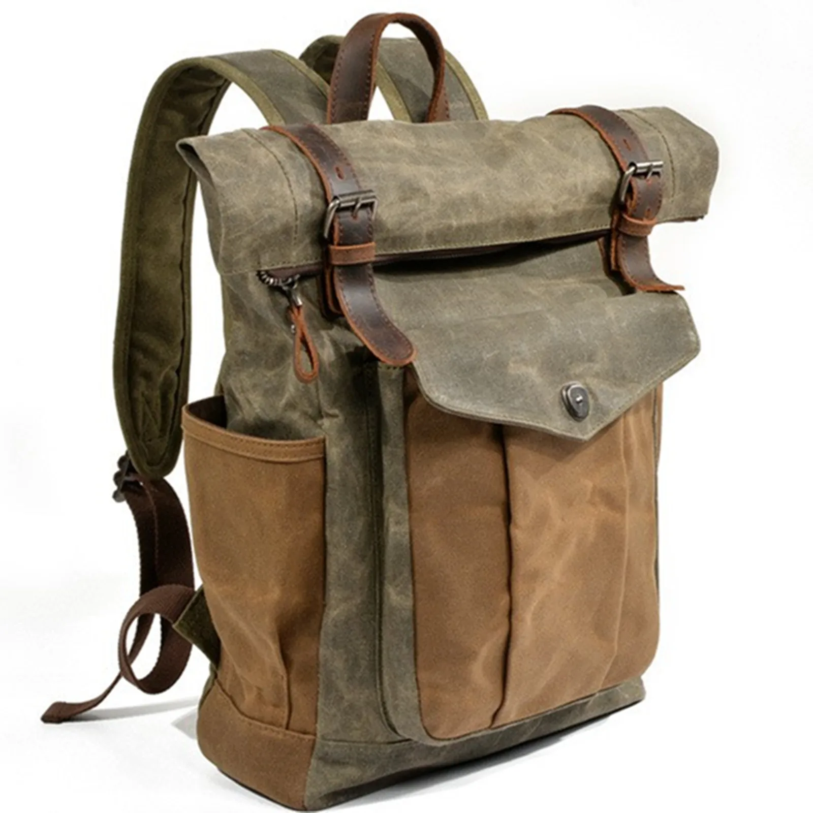 Outdoor Shoulders Business Computer Backpack Large Capacity Travel Waterproof Canvas Splicing Genuine Leather Hiking School Bag