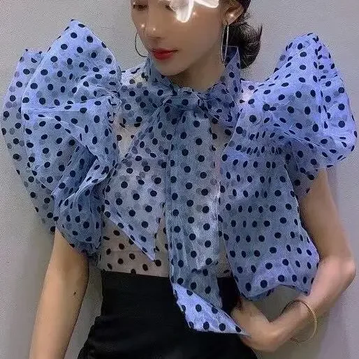 Ruffle Puff Sleeve Black Polka Dot Shirt Women Vintage Blusa Bow Lace Up Lantern Transparent New Blouse Top 2024