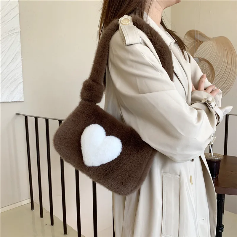 Ins Autumn And Winter Love Colour Collision Plush Bag New Cute Girl Fashion Trend Armpit Bag Foreign Small Fresh Shoulder Bag