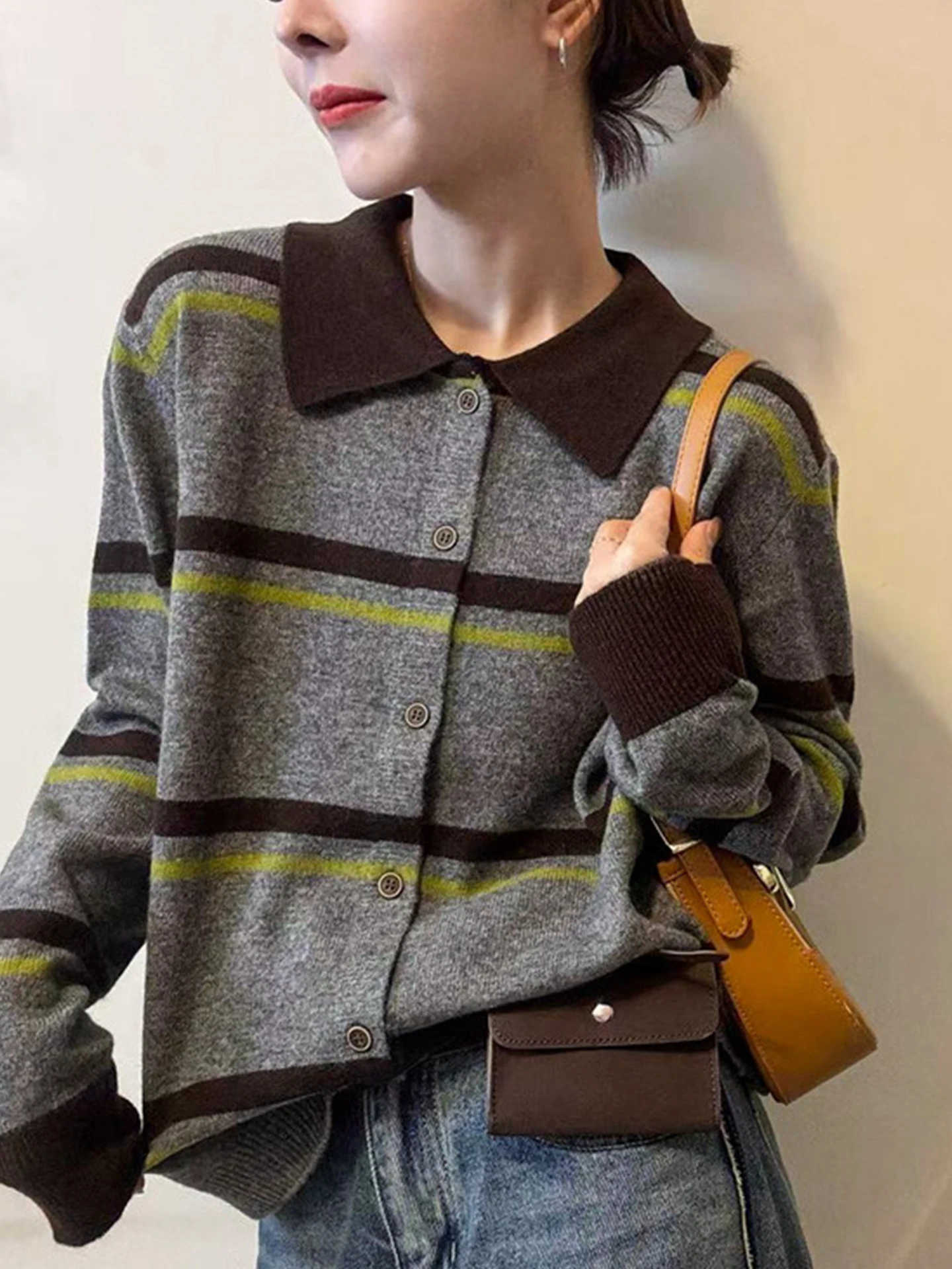 Pull Long tricoté rétro pour femme, Cardigan amincissant à bouton unique, haut d'automne, couleur Blo rayé