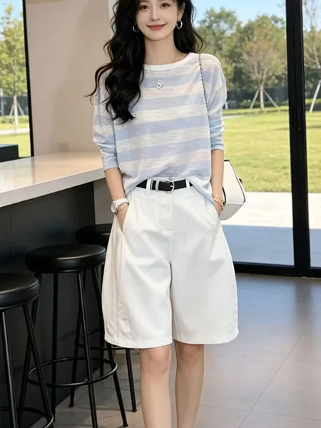 Unique Beautiful Summer Outfit Women's Two-Piece Set 2026 New Trendy Color Block Stripe Sunshade Cover up White Five-Quarter ...