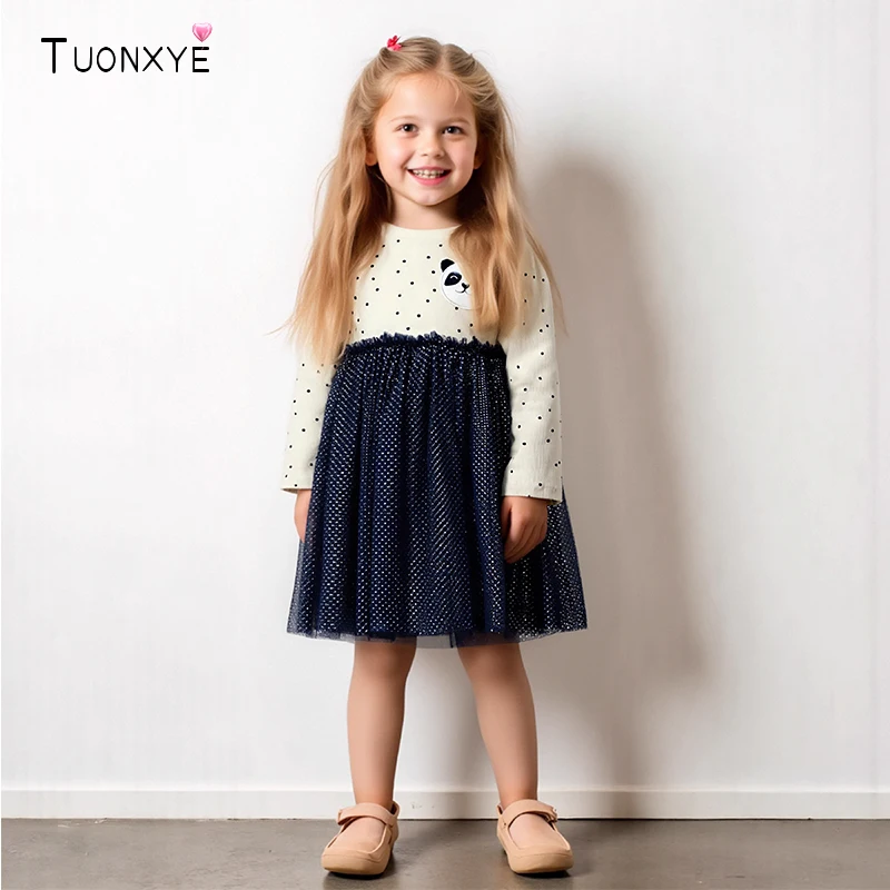 TUONXYE Mädchen Elegante Party Kleid Panda Frühjahr Neue Kinder Mädchen Langarm Kleider Herbst Kinder Mädchen Mesh Prinzessin Kleider