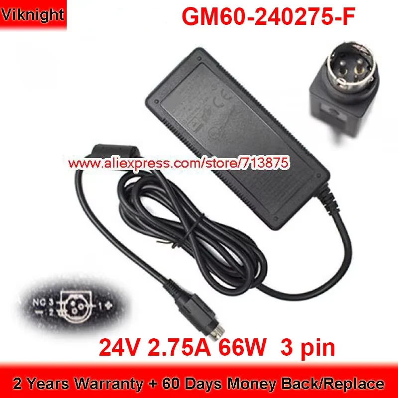 GM60-240275-F 24V 2.75A AC Adapter GM60240275F Round With 3 Pin Power Supply