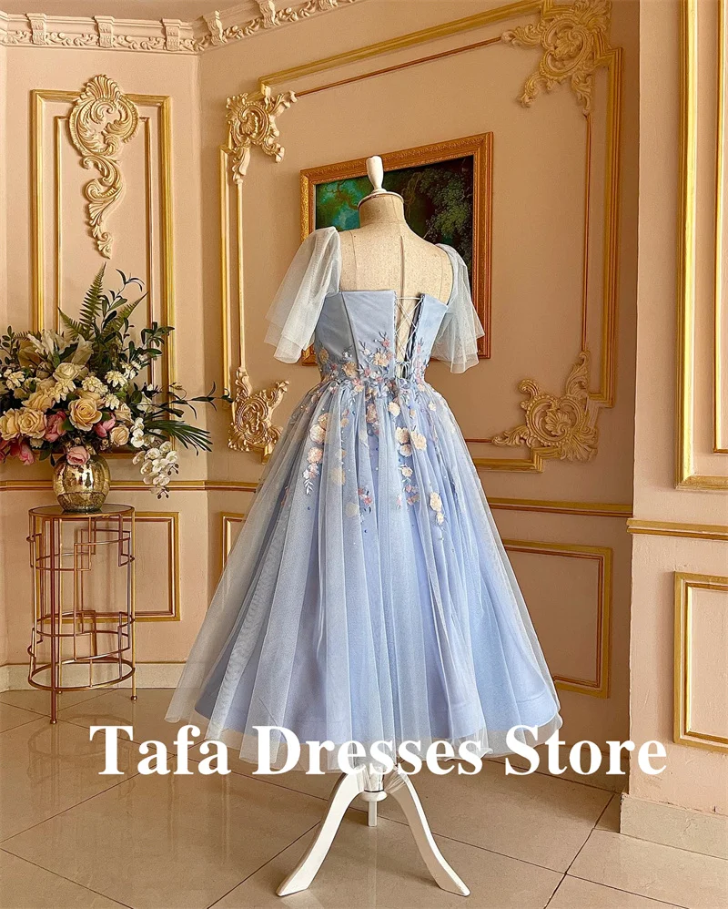 TAFN Blue Elegant Ankle Length  Dresses Puff Sleeves Square neck Homecoming Dress Formal Prom Gowns Birthday Custom Customized