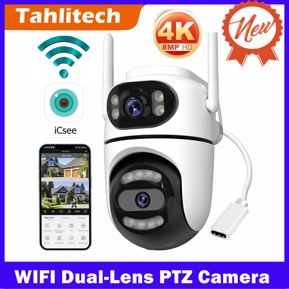 

8-мегапиксельная 4K HD Wi-Fi PTZ-камера iCsee APP с двумя объективами и двумя экранами, IP-камера видеонаблюдения, отслеживание искусств, наружная домашняя безопасность, видеонаблюдение