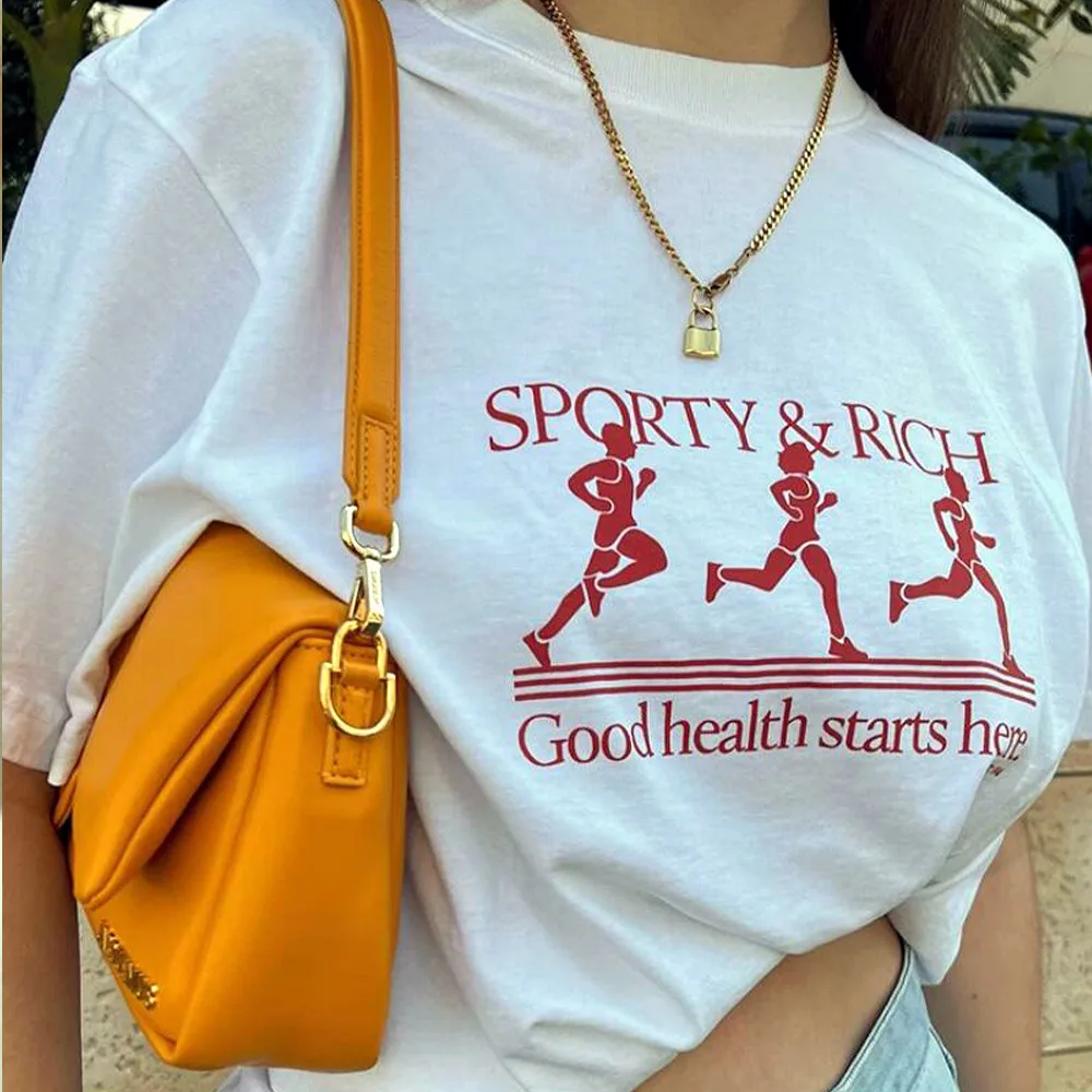 Good Health Starts Sport Graphic Tees White Loose Cotton Short Sleeve T Shirts Vintage Style Casual Crewneck Shirts Women