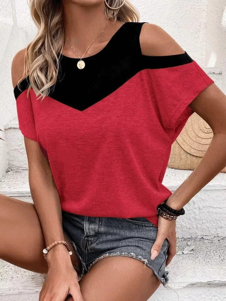 T-shirt con spalle scoperte Color block t-shirt Casual a maniche corte camicetta primavera estate